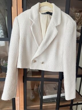 Zara tweed blazer jacket cropped textured ecru double breasted tailored
